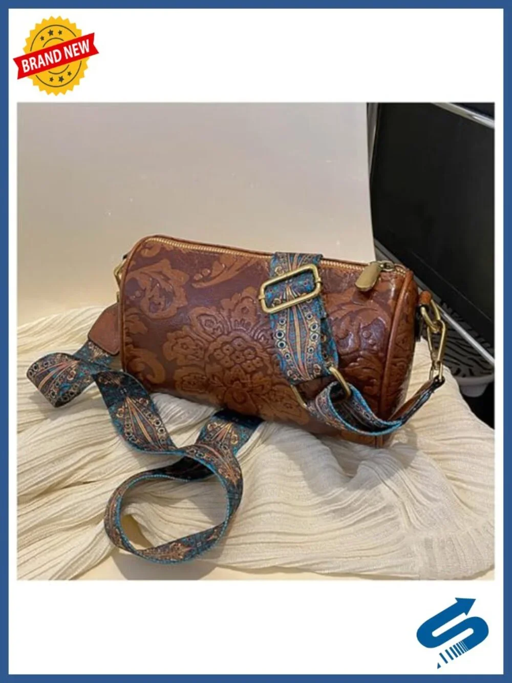 Vintage Floral Embossed Crossbody Purse with 2 Interchangeable Straps, PU